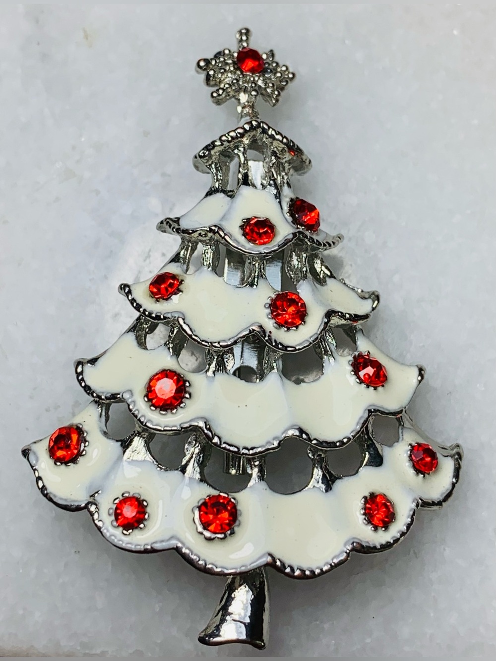 White Enamel Christmas Tree Brooch Red Rhinestones Silver Tone Holiday Pin